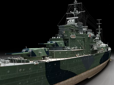 Green Camouflage Battleship With Main Turrets Deck And Superstructure Details 3d model