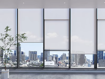 White Roller Blinds in Modern Interior with City Skyline View and Indoor Potted Plant 3d model