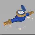 Blue Water Meter with Golden Connectors Open Lid and Clear Dial
