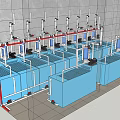 Industrial Equipment Production Line With Blue Units Pipes And White Stands