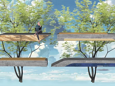 Outdoor Chair Placed Under Green Trees On Wooden Platform With Blue Sky Background 3d model