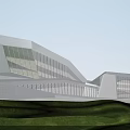 Modern Architectural Design With Glass Curtain Wall Geometric Shapes Green Lawn And Blue Sky