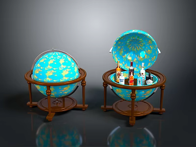 Two Globe Bar Cabinets One Closed And One Open With Wine Bottles On Wooden Stands 3d model
