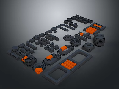 Black And Orange Industrial Equipment Components With Connectors Tracks And Circular Parts On Gray Platform 3d model