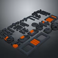Black And Orange Industrial Equipment Components With Connectors Tracks And Circular Parts On Gray Platform