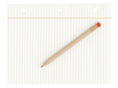 Wooden Pencil With Red Tip On Lined Paper With Three Holes 3d model