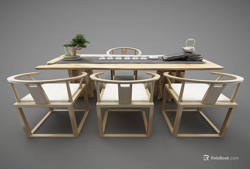 Elegant Modern Tea Table And Chairs With Solid Wood Frame And Teapot Plant 3d model