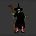 Witch Character With Pointed Hat Green Skin Black Patterned Dress Striped Stockings And Wooden Staff