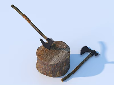 Practical Household Axes With Wooden Handles Inserted Into And Placed On Wooden Stump 3d model