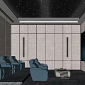 Home Theater Room Interior With Starry Ceiling Gray Walls Blue Sofas And Large Screen 3d model