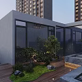 Roof Garden Design with Wooden Deck Table Chairs Umbrella Green Plants and Evening Sky View