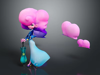 Pink Haired Character In Blue Dress Holding Green Umbrella With Floating Pink Cloud Creatures 3d model