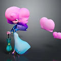 Pink Haired Character In Blue Dress Holding Green Umbrella With Floating Pink Cloud Creatures