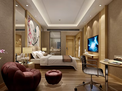 Modern Hotel Room Interior With Large Bed Red Sofa Writing Desk And TV 3d model