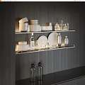 Elegant Minimalist Dinnerware Set with Plates Bowls Glasses and Bottles on Modern Kitchen Shelf