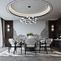 Private Dining Room Interior With Circular Chandelier Wooden Walls And Dining Chairs