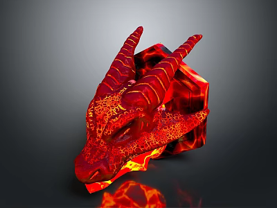 Red Dragon Head with Fiery Lava and Glowing Horns in Dark Background 3d model