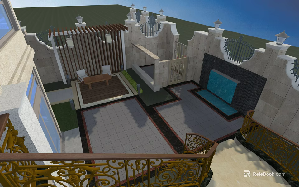 Garden Landscape Design With Ornate Golden Railing Paved Floor And Seating Area 3d model 