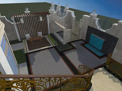 Garden Landscape Design With Ornate Golden Railing Paved Floor And Seating Area 3d model