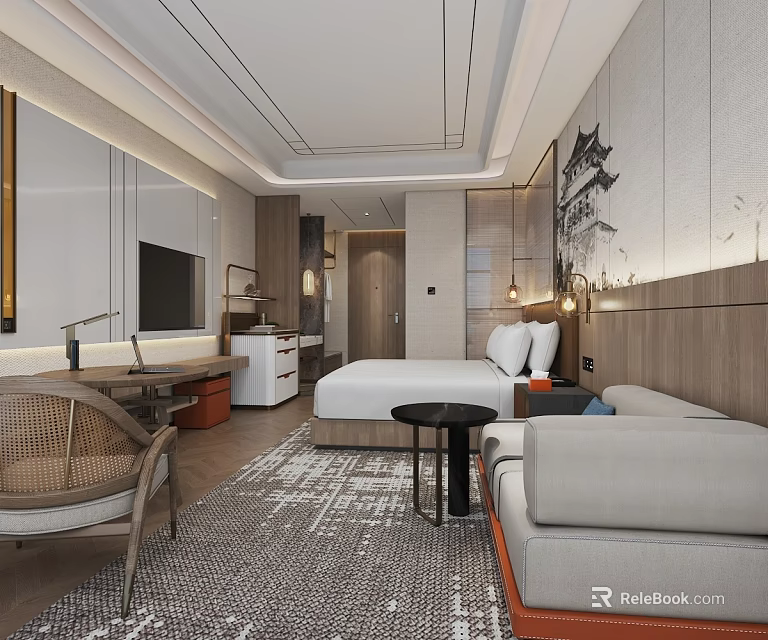 Elegant Modern Hotel Guest Room Interior With Comfortable Bed Sofa And Work Desk 3d model 
