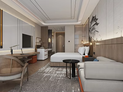 Elegant Modern Hotel Guest Room Interior With Comfortable Bed Sofa And Work Desk 3d model