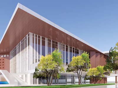 Modern School Building Exterior With Sloped Brown Roof Large Glass Windows And Green Trees 3d model
