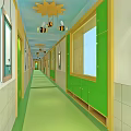 Kindergarten Corridor Interior With Green Cabinets And Ceiling Bee Sun Decorations 3d model