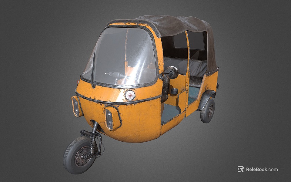 Yellow Three Wheeled Motorcycle With Canopy Windshield Seats And Vintage Design 3d model 