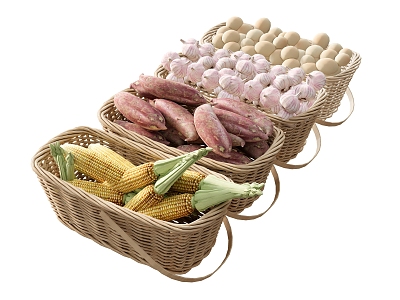 Food Corn Sweet Potato Garlic Bamboo Basket 3d model