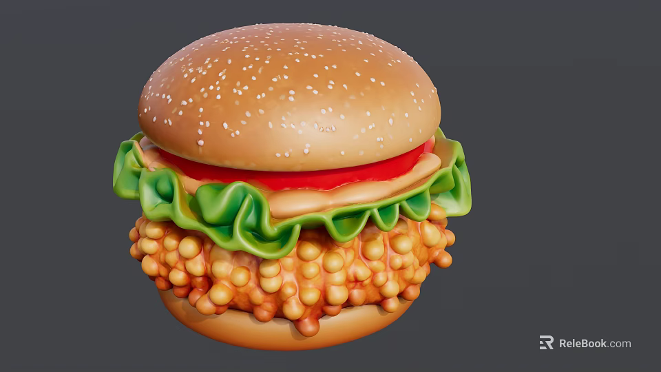 Delicious Burger With Sesame Seed Bun Fresh Lettuce Tomato Slice And Crispy Fried Chicken 3d model 