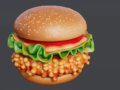 Delicious Burger With Sesame Seed Bun Fresh Lettuce Tomato Slice And Crispy Fried Chicken 3d model