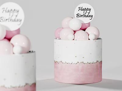Decorated Birthday Cake with Pink White Balls Happy Birthday Topper and Ombre Base 3d model