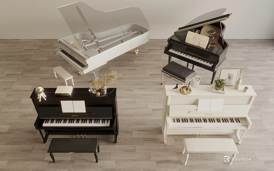 Instruments and Art Supplies Display Black White Pianos with Music Sheets and Stools 3d model 