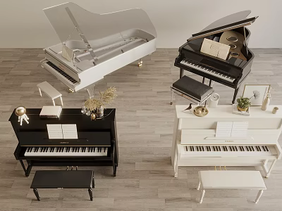 Instruments and Art Supplies Display Black White Pianos with Music Sheets and Stools 3d model