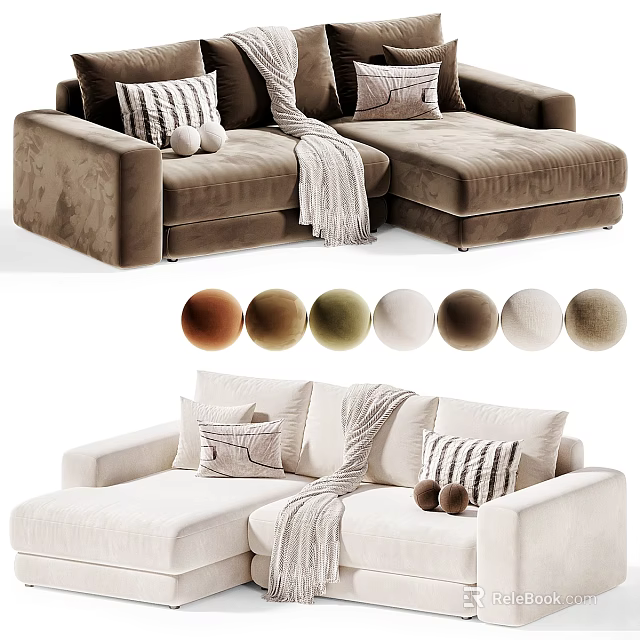 Modern Three Seater Sofa With Cozy Pillows Throw Blanket And Color Options 3d model 