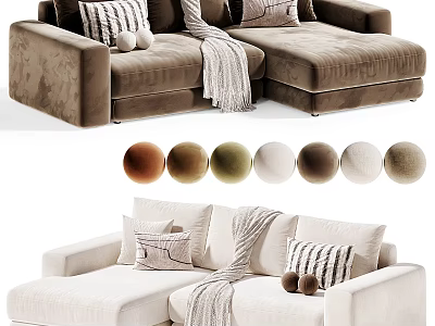 Modern Three Seater Sofa With Cozy Pillows Throw Blanket And Color Options 3d model