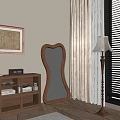 Wooden Full Length Mirror With Glass Cabinet Wall Art And Floor Lamp In Interior