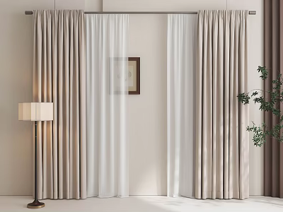 Beige And White Window Curtains With Sheer Panels Floor Lamp Picture Frame And Plant 3d model