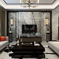 Modern Spacious High Ceiling Living Room Interior With Artistic Wooden Accent Wall And Luxury Chandelier