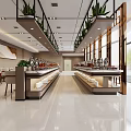 Spacious Modern Restaurant Interior With Neat Tables Buffet Counter Wall Painting Bright Lighting And Ceiling Plants