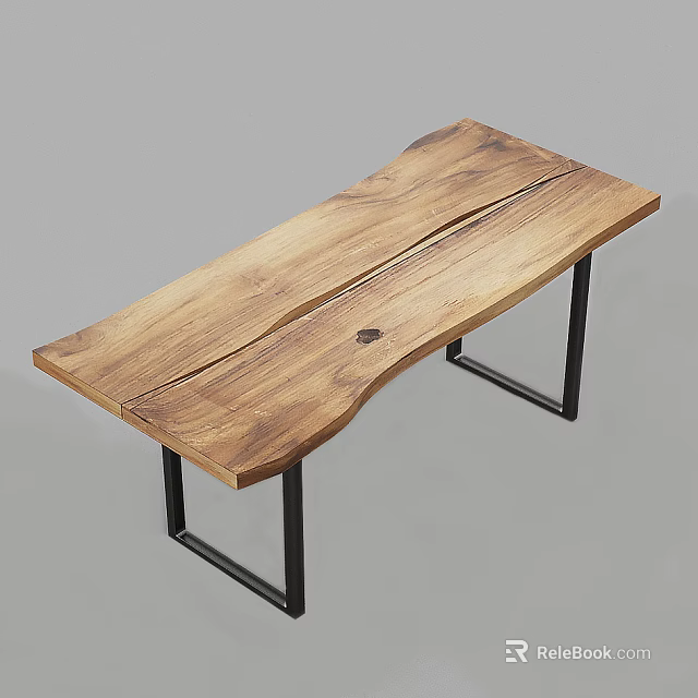 Modern Solid Wood Tea Table With Natural Grain And Black Metal Legs 3d model 