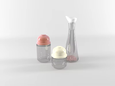 Transparent Kitchen Spice Bottles With Pink White Lids And Seasoning Granules 3d model