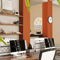 Modern Office Interior With Wooden Desk Computer Monitors Ergonomic Chairs Wall Art And Decorative Shelves