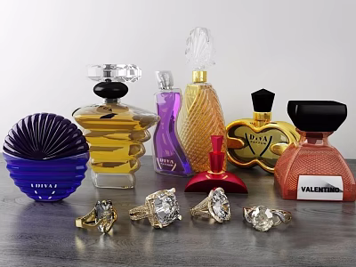 Luxury Perfume Bottles And Cosmetics With Valentino Brand Colorful Designs And Rings 3d model