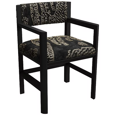 Stylish Black Armchair With Intricate Patterned Fabric And Wooden Frame Design 3d model
