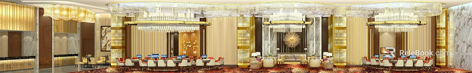 Luxurious Elegant Lobby Lounge Interior Decor With Crystal Chandeliers Gold Accents And Comfortable Seating 3d model 