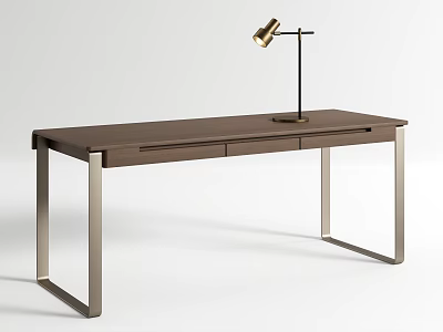 Modern Wooden Desk with Two Drawers and Metal Legs Accompanied by Gold Head Table Lamp 3d model