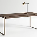 Modern Wooden Desk with Two Drawers and Metal Legs Accompanied by Gold Head Table Lamp
