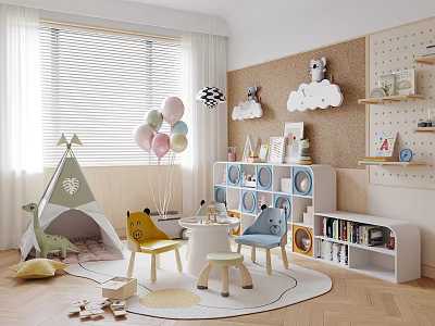 Kids Room Interior With Teepee Tent Colorful Balloons Chairs Bookshelves And Cloud Decorations 3d model