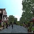 Vibrant Commercial Street with Brand Storefronts Pedestrians Lush Trees and Paved Walkway